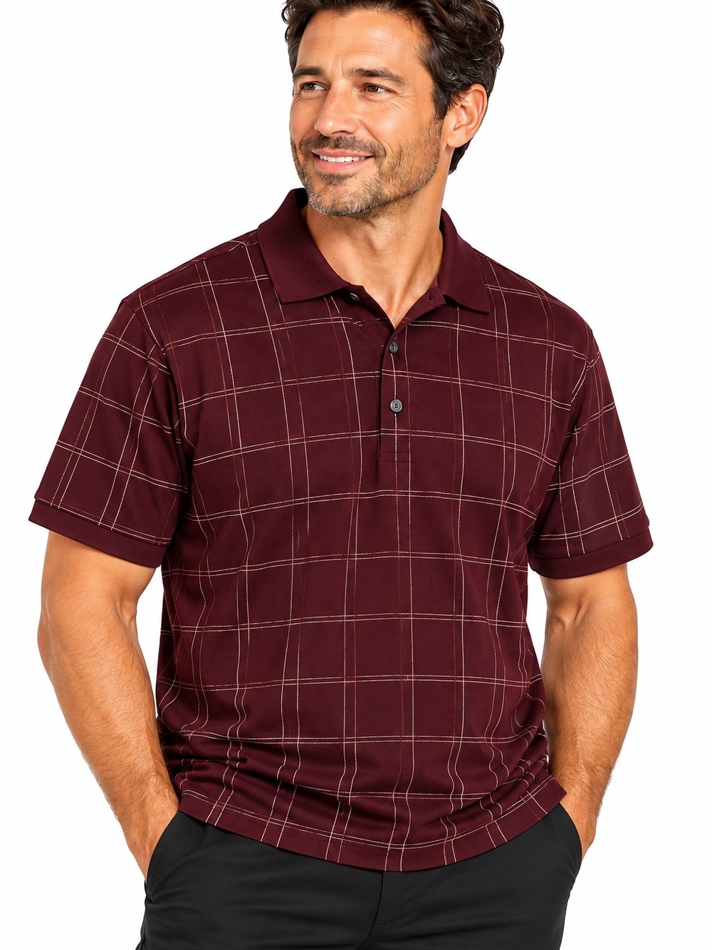 Jos. A. Bank Leadbetter Golf Men’s Medium Burgundy Plaid Polo Shirt